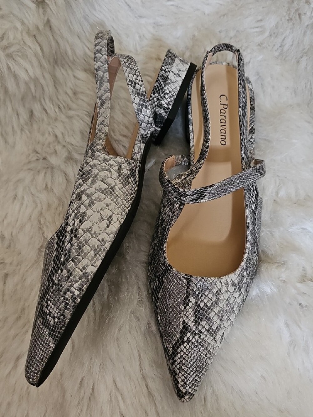 C.Paoxano Pointed-Toe Snake-Print Mary Jane Flats in Gray - Picture 6 of 8